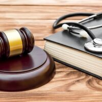 Gavel with stethoscope and book on the table.