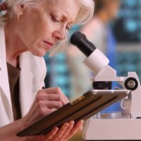 Senior woman medical researcher taking notes on tablet computer in busy lab