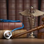 Gavel, stethoscope and caduceus sign on books background. Mediicine laws and legal, medical jurisprudence.