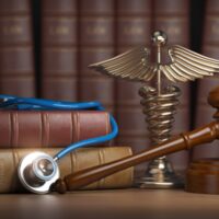 Gavel, stethoscope and caduceus sign on books background. Mediicine laws and legal, medical jurisprudence.
