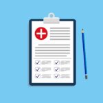 Clinical record, prescription, medical checkup report, health insurance concepts. Clipboard with checklist and medical cross pen in mockup style for website or mobile apps design. eps10
