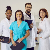 Multiethnic staff in clinic or hospital. Diverse team of happy doctors, general practitioners, specialists and nurses in scrubs and white lab coat uniforms standing in office and smiling at camera