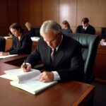 Judge and lawyers in a courtroom.