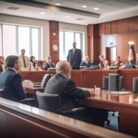 Courtroom interior, trial. Judge, lawyers, jury, law and justice